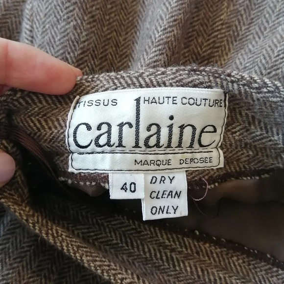 Vintage Wool Herringbone Pleated Brown Midi Skirt with Leather Accents 40 Small - Picture 11 of 14